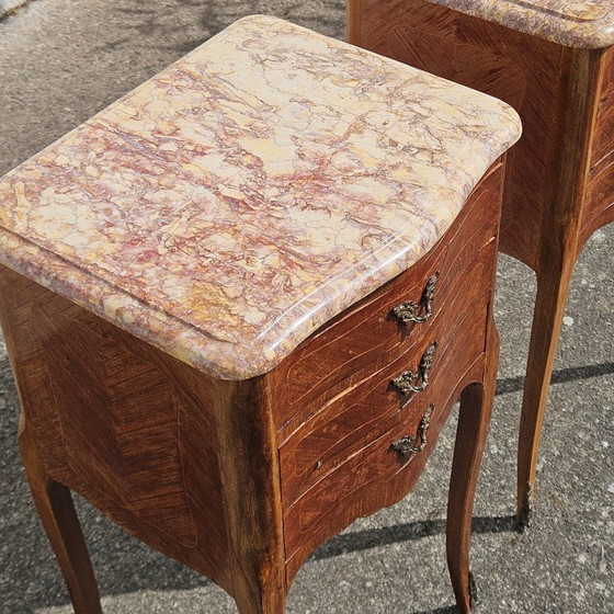 Image 1 of Chateau de Ligny - Pair of 2 French Vintage Marquetry Nightstands-Set of 2 Marble & Wood Bedside Tables-Style Louis XV - 50s