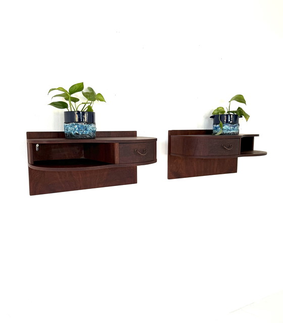 Image 1 of 2x vintage teak floating Danish bedside tables ‘60s