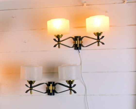 Image 1 of Pair of double wall sconces, Maison Arlus, Mid-Century, black brass opaline glass, France, 1950s