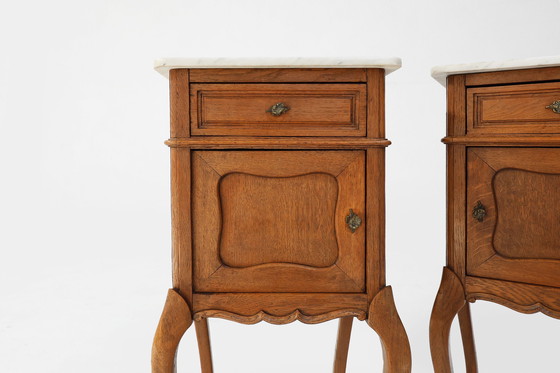 Image 1 of Pair of French Louis XV Style Nightstands in Oak with Carrara Marble Top