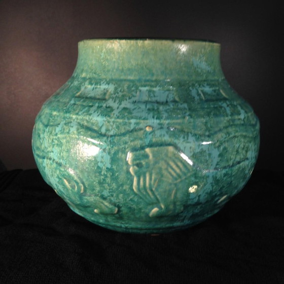 Vase Lions Art Déco en Grès de Bouffioulx par Roger Guérin, années 1930 – Art Deco (photo 2 of 9)