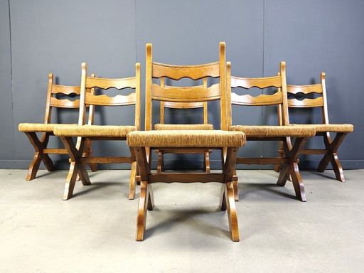 Spanish oak and wicker dining chairs, set of 6 - 1960s 