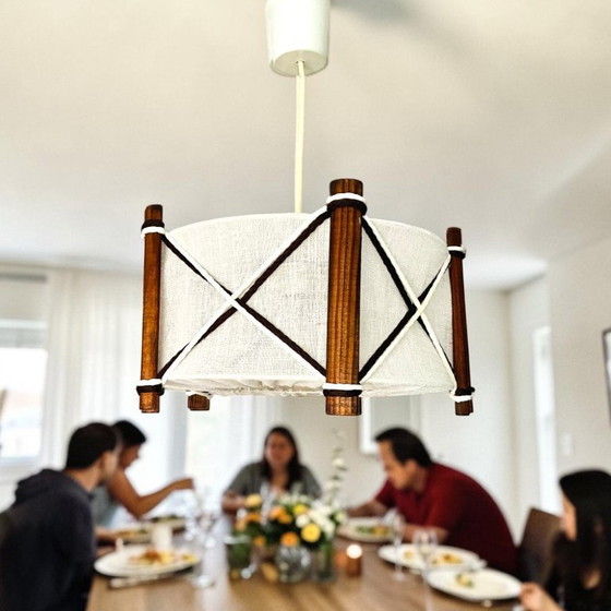 Image 1 of Nautical style Scandinavian wood and linen lampshade hanging lamp vintage