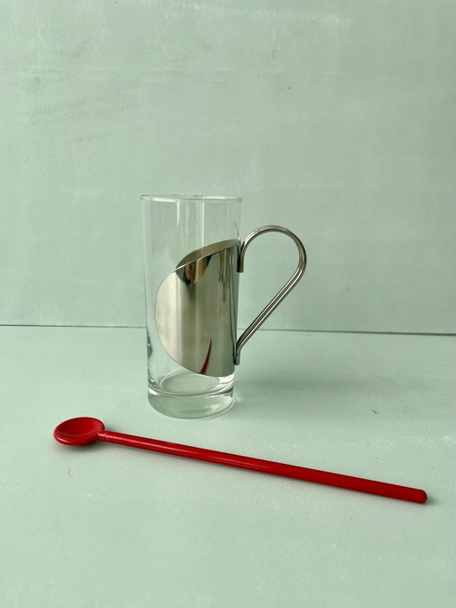 6x Bodum glazen Denemarken jaren 70/80 postmodern vintage design roestvrijstalen lepel rood