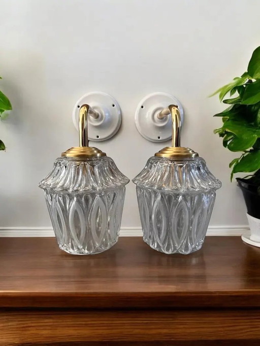 Pair Of Vintage Chiselled Glass Wall Sconces