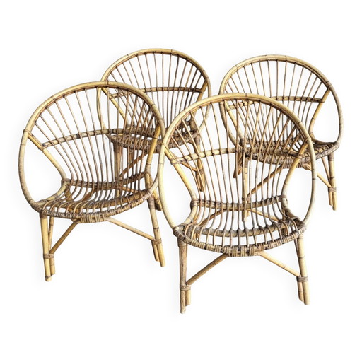 4 "Muschel" Rattan-Sessel aus den 1960er Jahren
