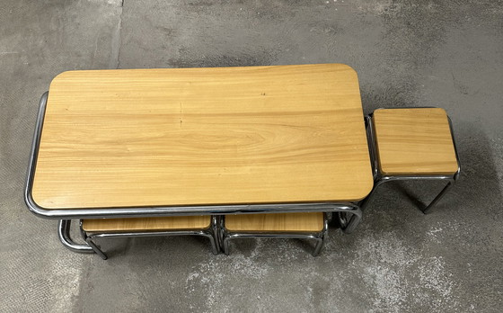 Image 1 of Set of 4 70s metal and solid oak nesting tables