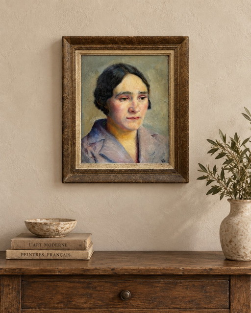 Ritratto Femminile Modernista, Olio su Tavola di Legno, Circa 1930