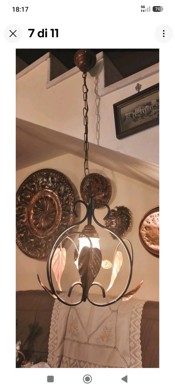 Vintage Wrought Iron Chandelier with Metal and Glass Leaves, Rustic Suspension – Pendant lamps (photo 3 of 11)