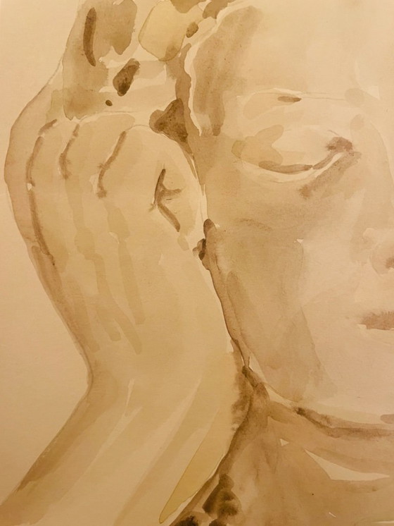 Image 1 of Retrato de una mujer en acuarela sepia monocromática, "pensamiento".