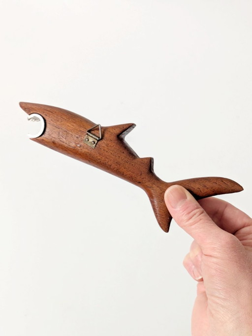 Midcentury Danish Teak Shark Bottle Opener, 1960s Sculptural Barware, Home Bar Gift