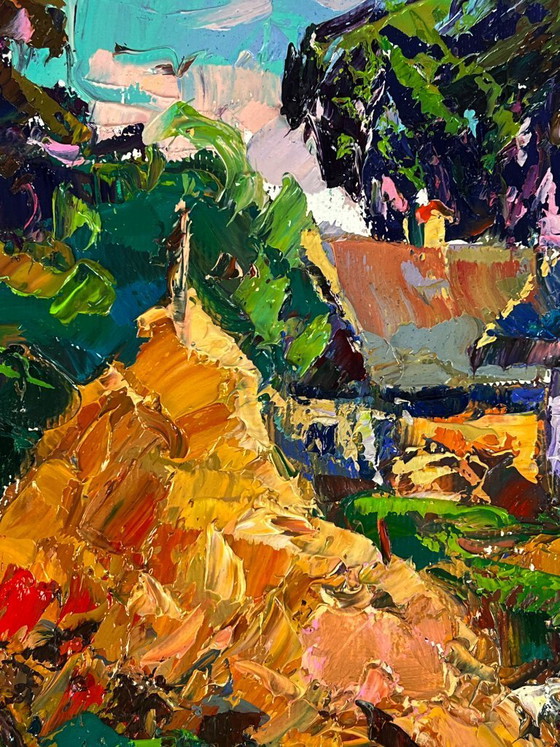 Image 1 of Original Oil Painting Rural Landscape Village The Goat in the Courtyard