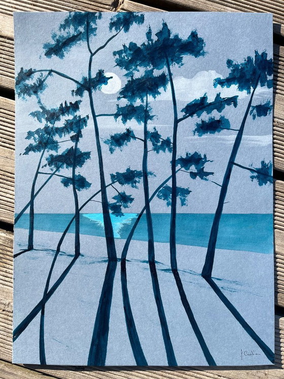 Image 1 of Blauwe Oost-Indische inkt op 250g getint papier.  Formaat 40x30cm.