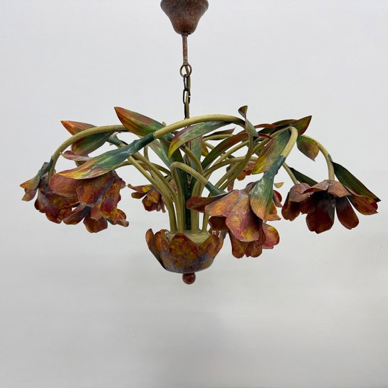 Lustre floral, tulipes en métal multicolore, Rouge, Vintage (photo 11 sur 14)