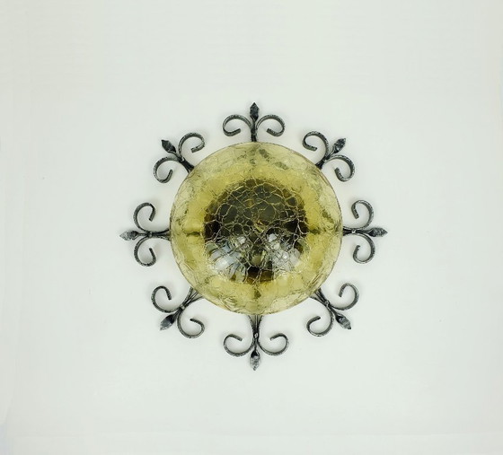 Image 1 of outstanding 1970's modernist brutalist wall lamp SCONCE wrought iron and amber glass