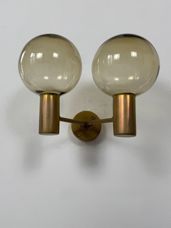 Image 1 of Pair of vintage double wall lights, Hans-Agne Jakobsson model V 149/2, brass and smoked glass, Sweden, 1970