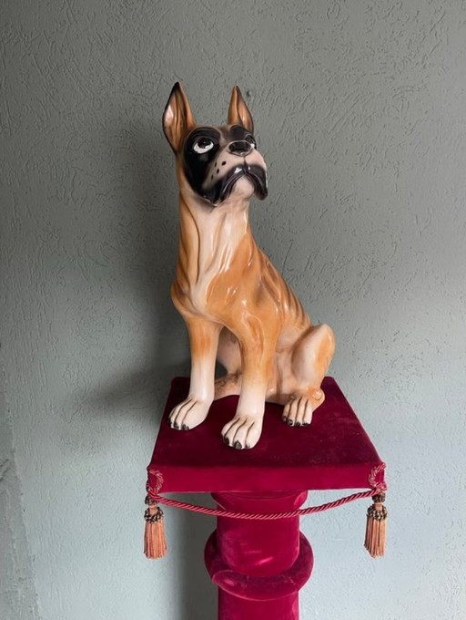 Large Brocante Ceramic Boxer Dog Statue 1960s