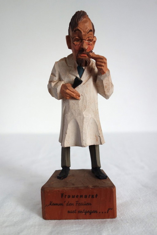 Vintage German wooden statue of Jaschke Pretzl, gynecologist