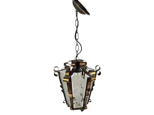 Art Deco - Lampe pendante lanterne - laiton - verre satiné