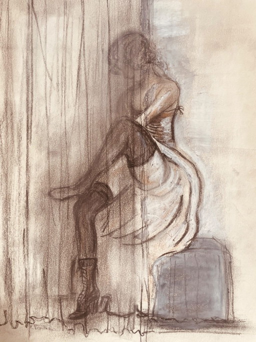 Signed charcoal and white pastel painting, female portrait "fitting"