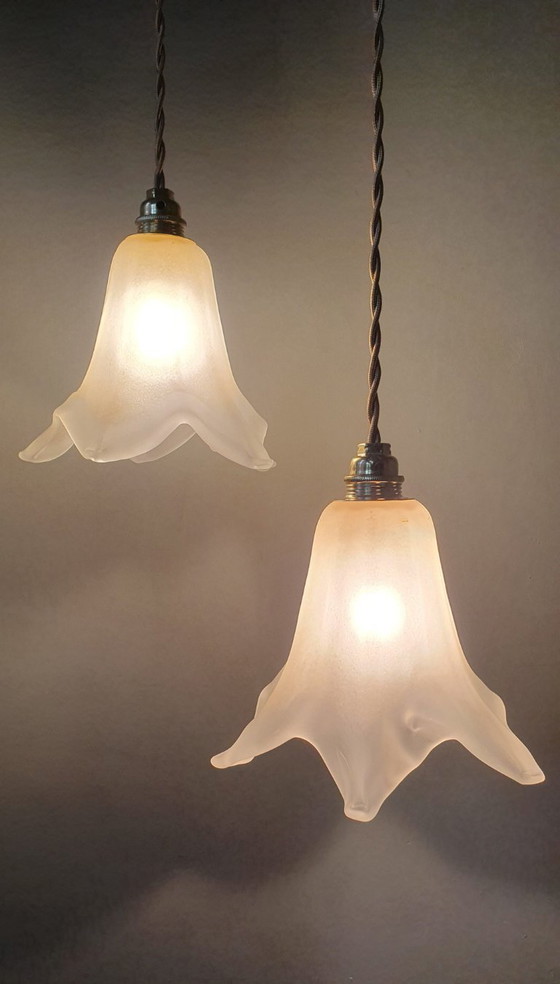 Image 1 of Set di 2 lampade a sospensione vintage in vetro di Murano a forma di calice