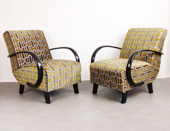 Image 1 of 2x Fauteuils "Gold Tetris" van Jindrich Halabala
