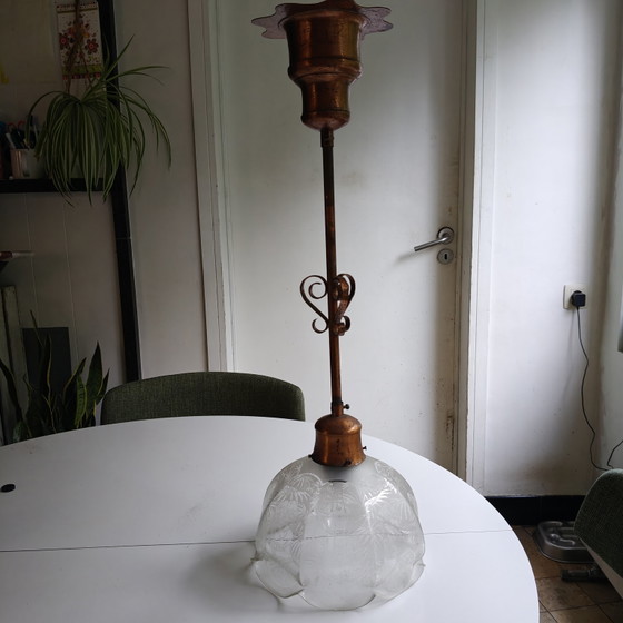 Image 1 of Vintage Copper Pendant Lamp with Etched Glass Shade