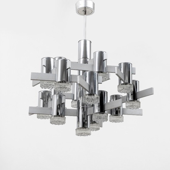 Image 1 of Geometric chrome and crystal chandelier, Gaetano Sciolari, Italy, 1970s