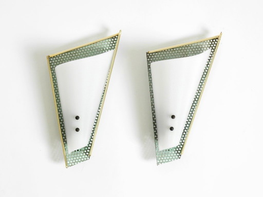 Pair of beautiful mint green Mid Century Modern perforated sheet metal wall lamps with plexiglass shades