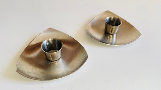 Image 1 of Vintage brushed metal geometric candlesticks