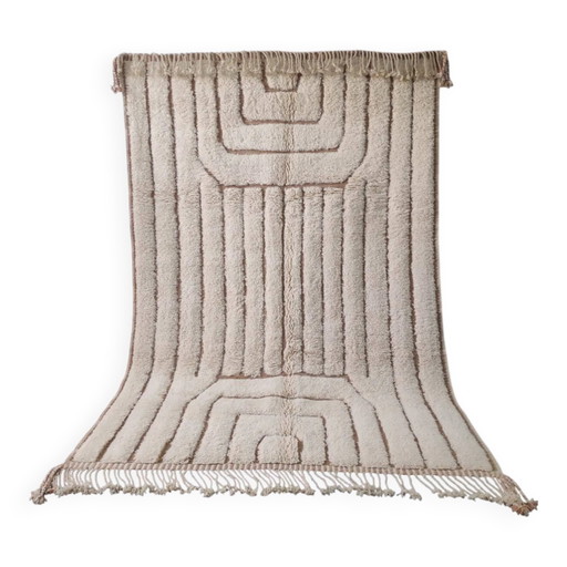 Beni Ouarain Rug, Ecru, Geometric and Curved Patterns - Handmade 3x2M