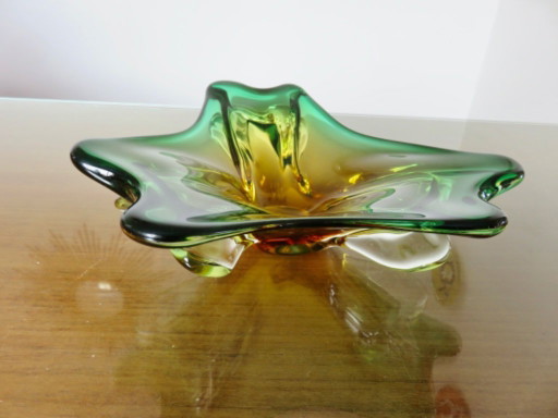 Large Murano glass trinket tray in green, amber and clear, 1960s-70s