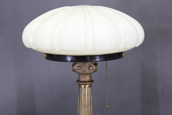 Image 1 of    	 1940s Restored Brass Table Lamp with Wooden Base and Glass Shade