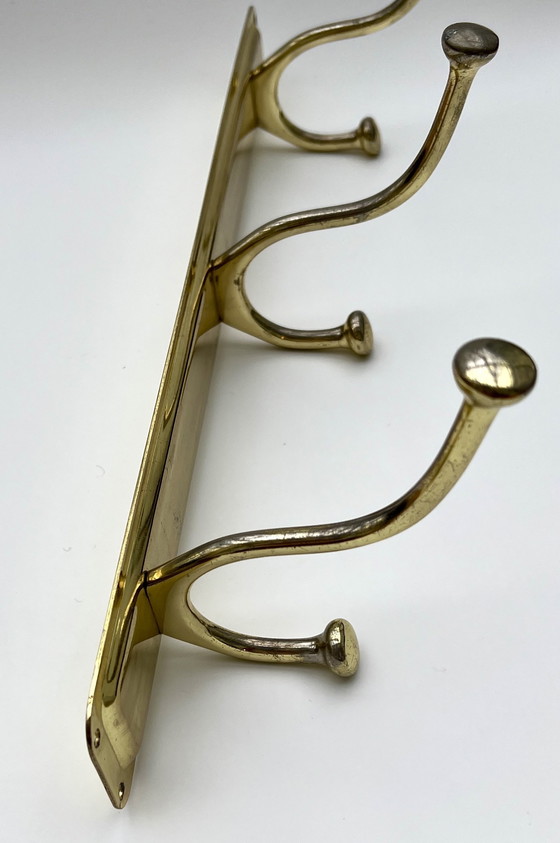 Image 1 of Perchero de pared de latón pulido con tres ganchos dobles, década de 1970-1980