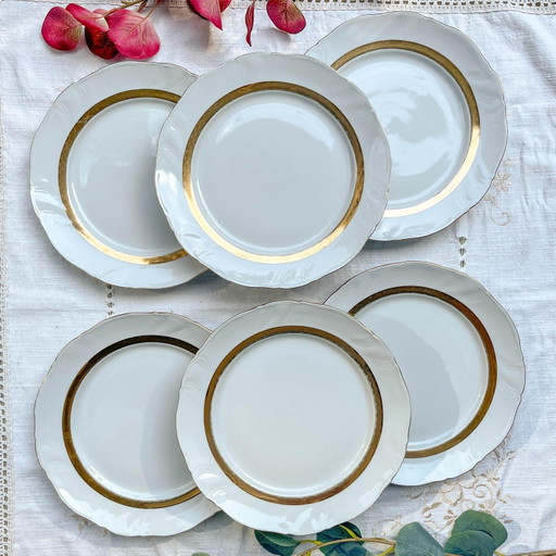 6 Platos Llanos de Porcelana Vintage Blancos y Dorados Limoges France – ADP "Ariane" – Elegante Vajilla Francesa Antigua
