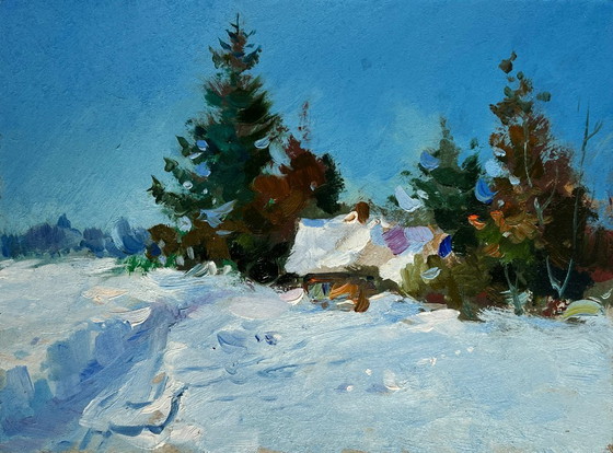 Image 1 of Original Oil Painting Snow Forest Landscape House in the Snow