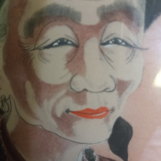 Image 1 of Antiek Vietnamees portret op zijde & hout (jaren 50) – Uniek mid-century