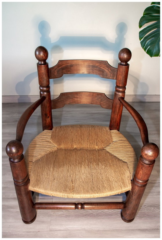 Image 1 of Eikenhouten en biezen fauteuil, brutalistische stijl, Charles Dudouyt, jaren 40
