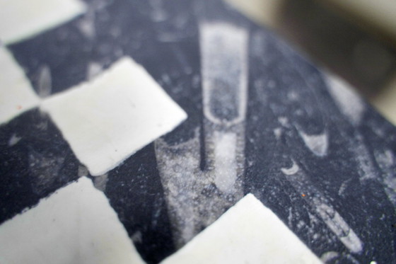 Image 1 of Handpainted Fossil Marble Chess Board, Vintage 1970s Cheese Charcuterie Tray, Black White Checkered Orthoceras Decor Gift