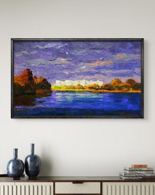 Origineel olieverfschilderij: Stadsgezicht in de herfst, nieuwe gebouwen aan de overkant van de rivier.