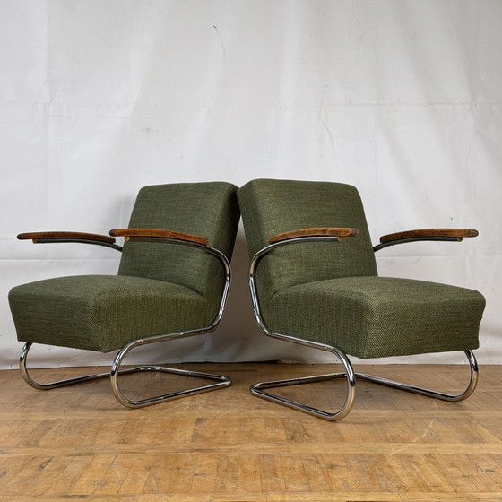 Image 1 of 2x S411 Tubular Steel Armchairs by Willem Hendrik Gispen for Thonet 1930s