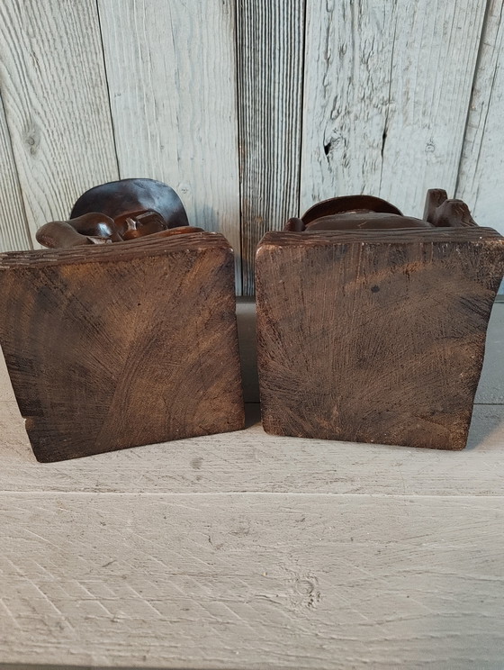 Image 1 of Vintage Balinees Houtsnijwerk Boekensteunen (Man & Vrouw)