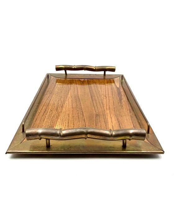 Hollywood regency bamboo shaped brass tray, Italy 1970s, Table accessories, Brown, Vintage (photo 4 of 11)