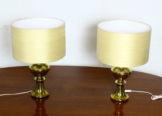 Image 1 of Set of two luxury Uno & Osten gold table lamps with silk shades, Sweden 1970