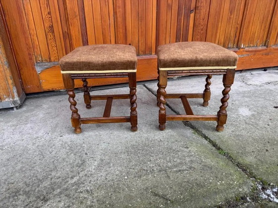 Set of 2 Restored Vintage Colonial Wooden Stools, 20th Century, Brown, Rustic (photo 7 of 7)
