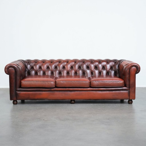 Timeless red-brown cowhide Chesterfield 3-seater sofa in English style