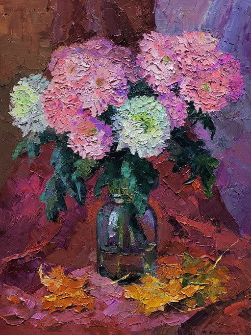 Original Oil Painting Autumn Floral Still Life Bouquet of Chrysanthemums – schilderijen tekeningen, Canvas