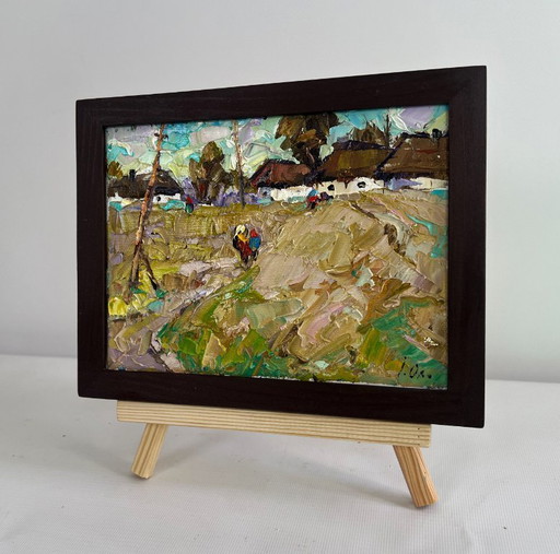 Original Oil Painting Village Day Landscape We are returning home