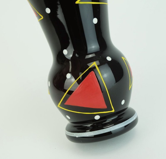 Image 1 of Mid Century Glasvase Hyalith Glas schwarz Glas abstrakte Dekor Emaille Malerei 1950er Jahre