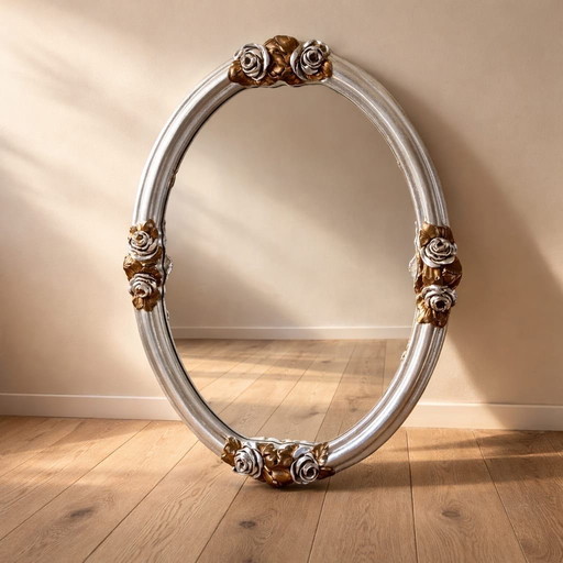 Ovale barokspiegel met zilverkleurige lijst/gouden bloemen